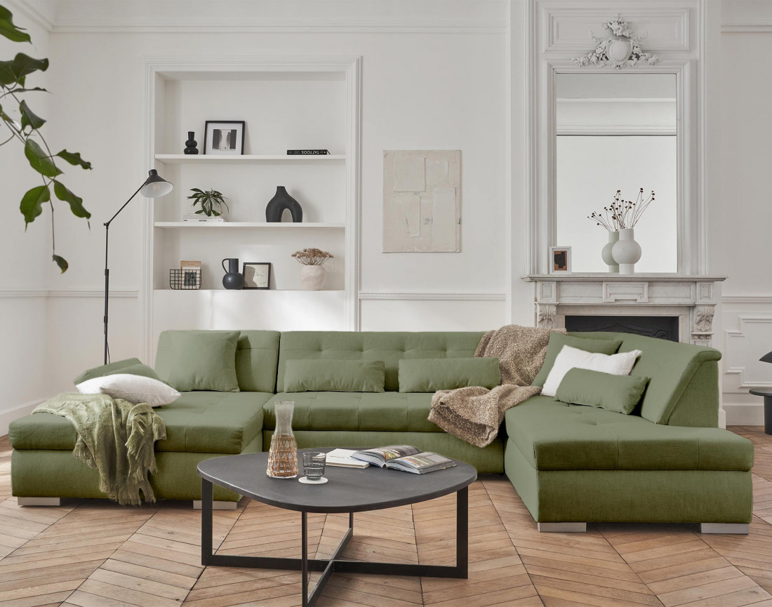 Canapé panoramique d'angle droit 7 places convertible en tissu Vermont