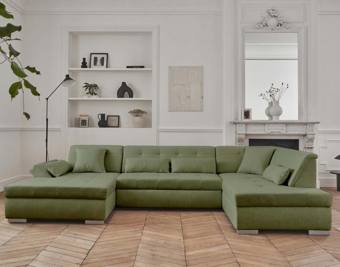 Canapé panoramique d'angle droit 7 places convertible en tissu Vermont