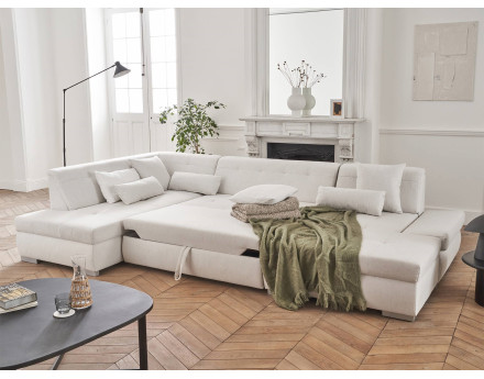 Canapé panoramique d'angle gauche 7 places convertible en tissu Vermont