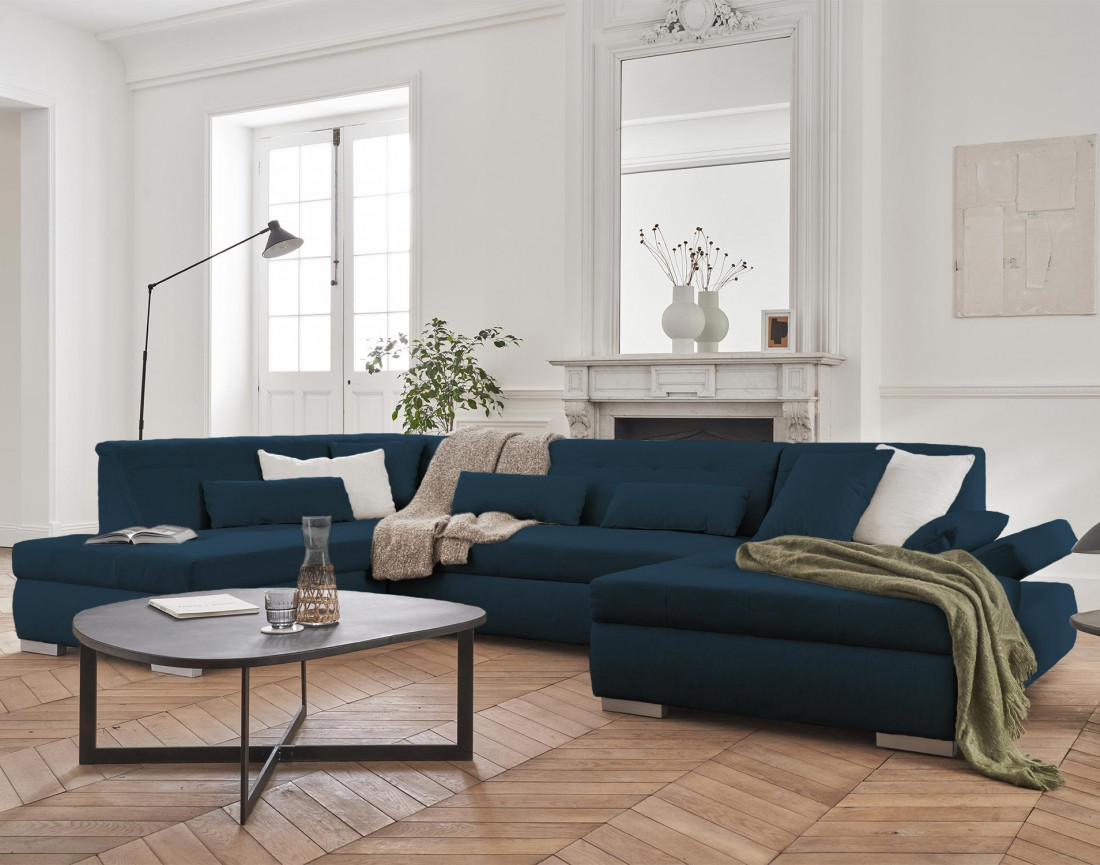 Canapé panoramique d'angle gauche 7 places convertible en tissu Vermont