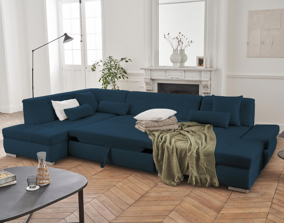 Canapé panoramique d'angle gauche 7 places convertible en tissu Vermont