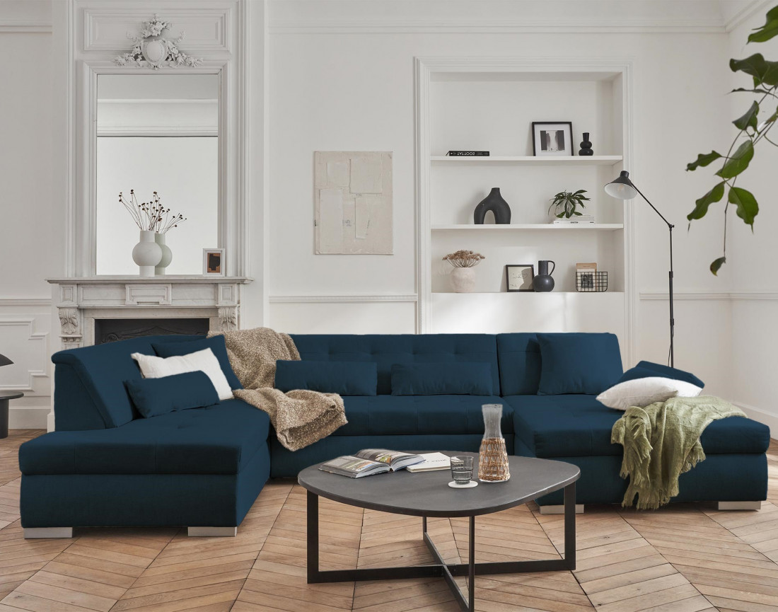 Canapé panoramique d'angle gauche 7 places convertible en tissu Vermont