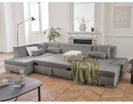 Canapé panoramique d'angle gauche 7 places convertible en tissu Vermont