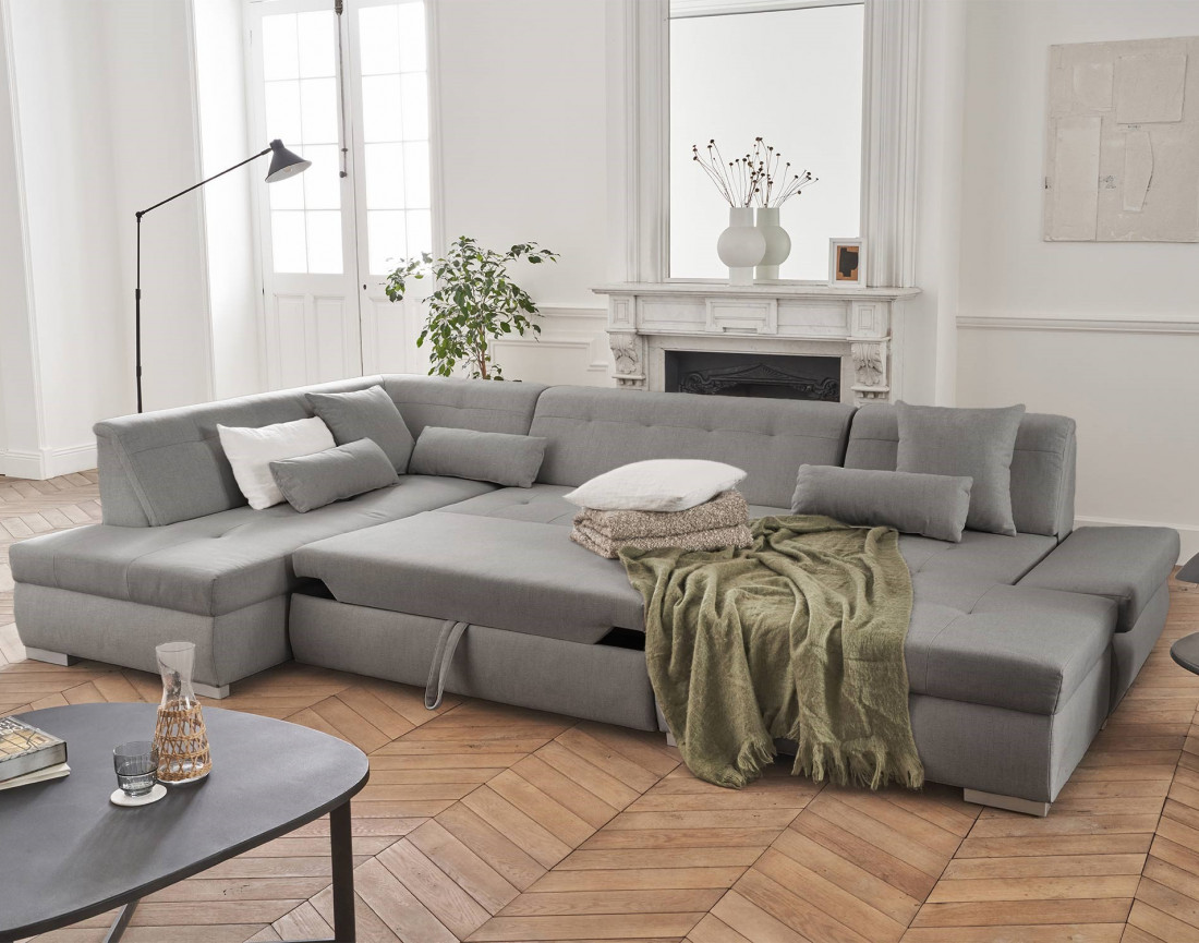 Canapé panoramique d'angle gauche 7 places convertible en tissu Vermont