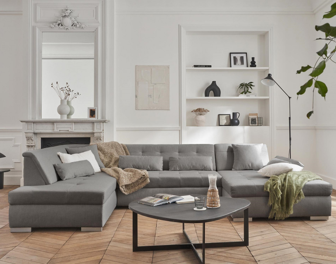 Canapé panoramique d'angle gauche 7 places convertible en tissu Vermont