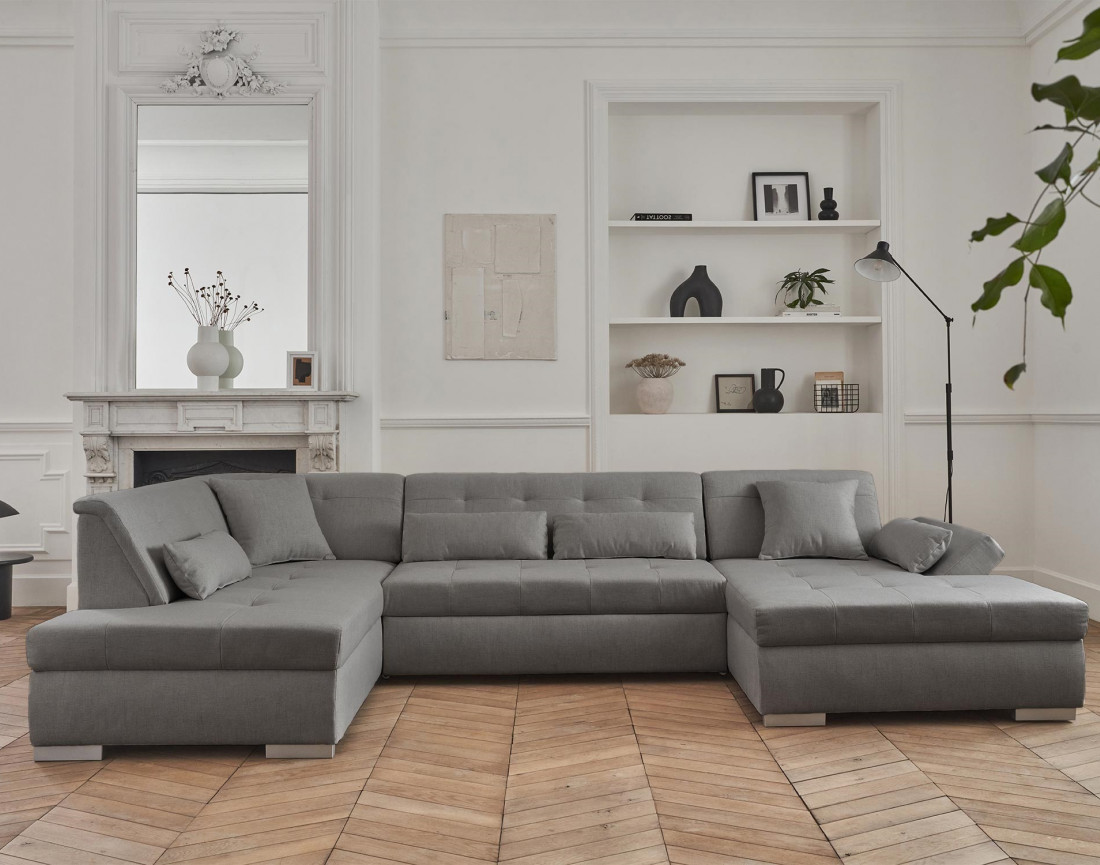 Canapé panoramique d'angle gauche 7 places convertible en tissu Vermont