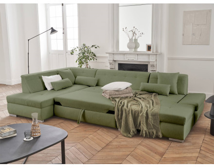 Canapé panoramique d'angle gauche 7 places convertible en tissu Vermont