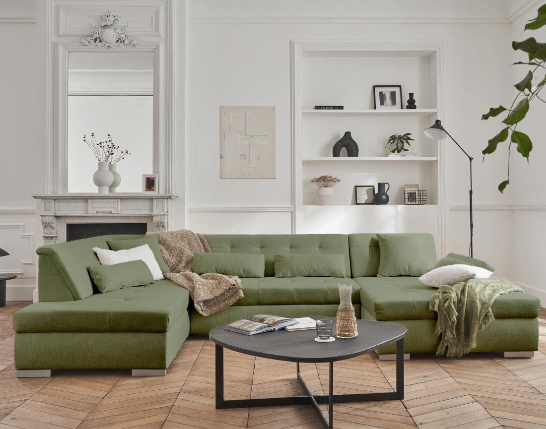 Canapé panoramique d'angle gauche 7 places convertible en tissu Vermont