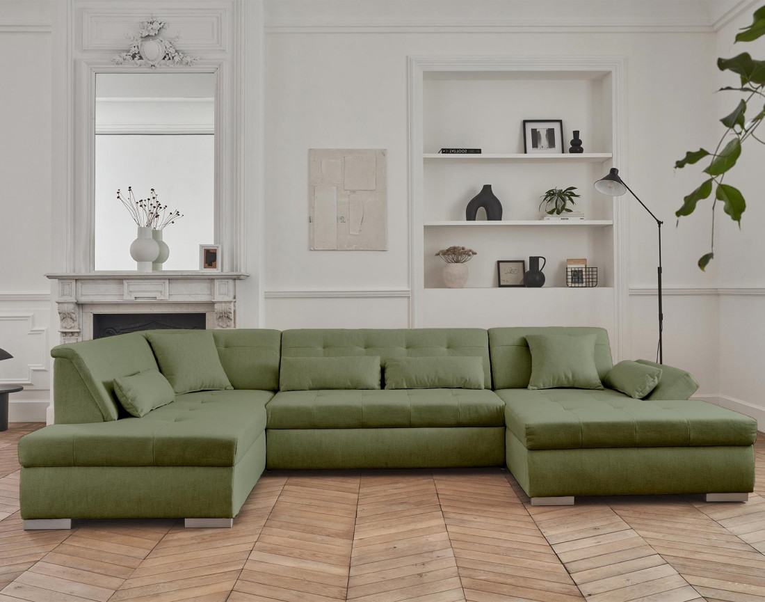 Canapé panoramique d'angle gauche 7 places convertible en tissu Vermont