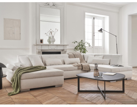 Canapé panoramique d'angle droit 7 places convertible en tissu Vermont