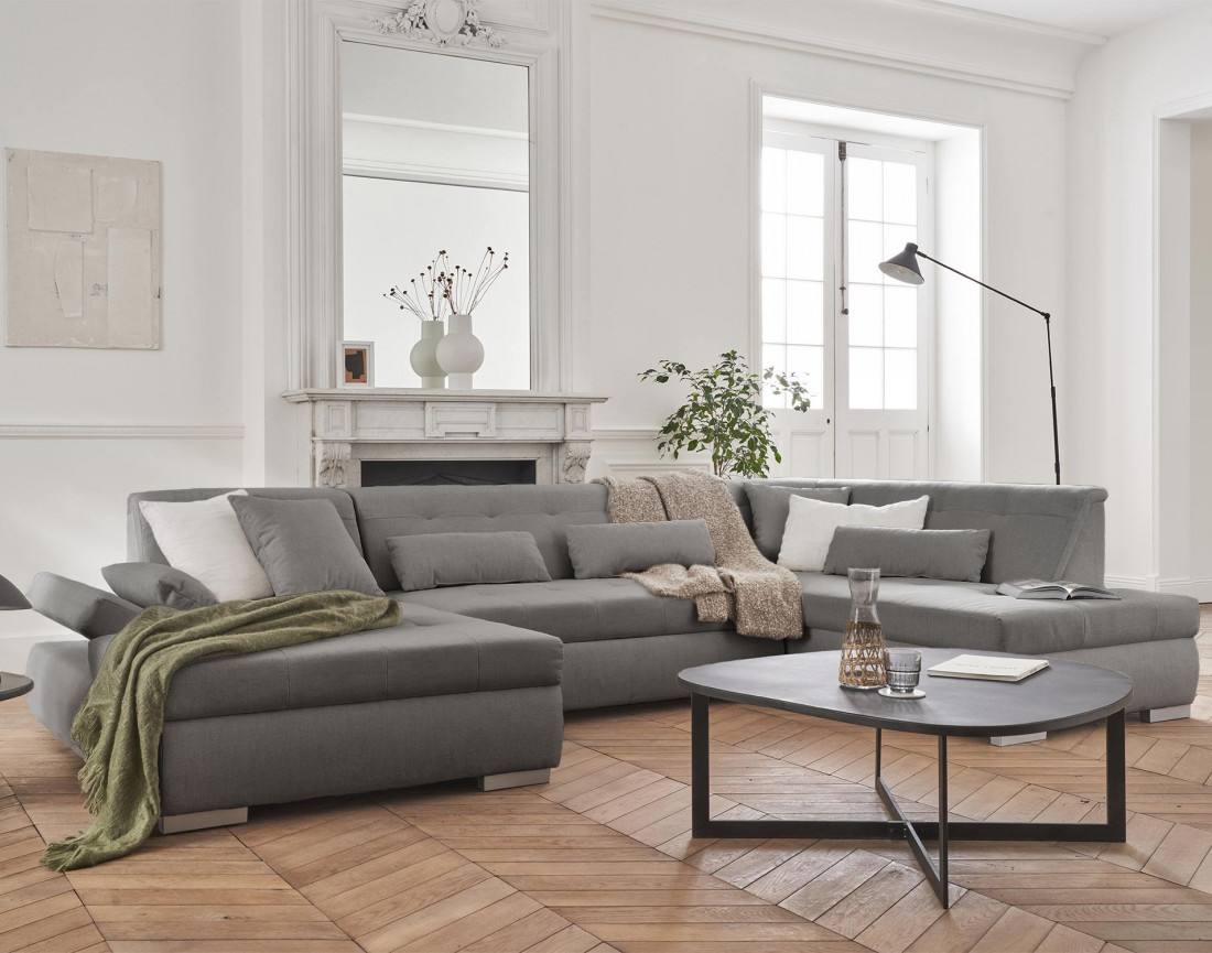 Canapé panoramique d'angle droit 7 places convertible en tissu Vermont