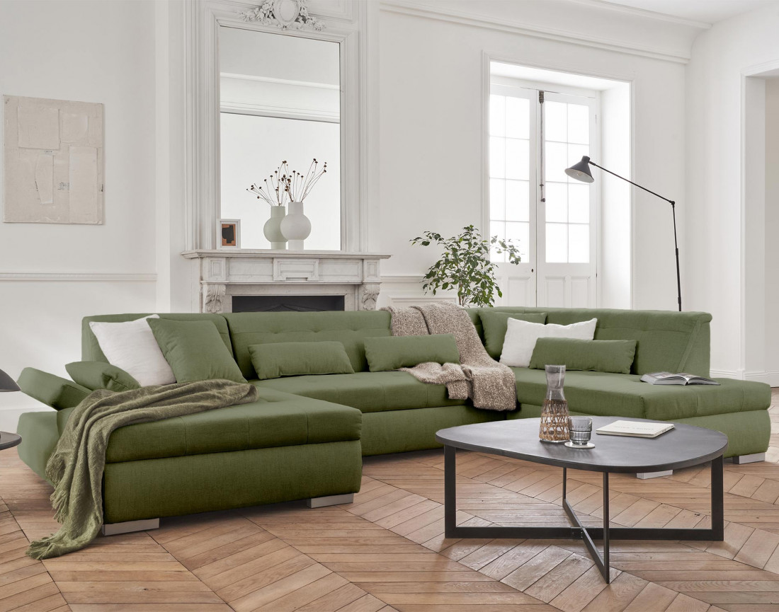 Canapé panoramique d'angle droit 7 places convertible en tissu Vermont