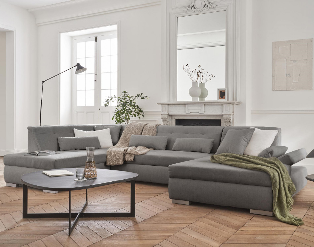 Canapé panoramique d'angle gauche 7 places convertible en tissu Vermont