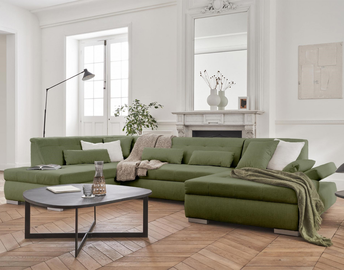 Canapé panoramique d'angle gauche 7 places convertible en tissu Vermont