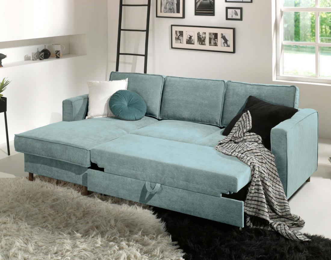 Canapé d'angle gauche convertible avec coffre 4 places en velours côtelé Jake