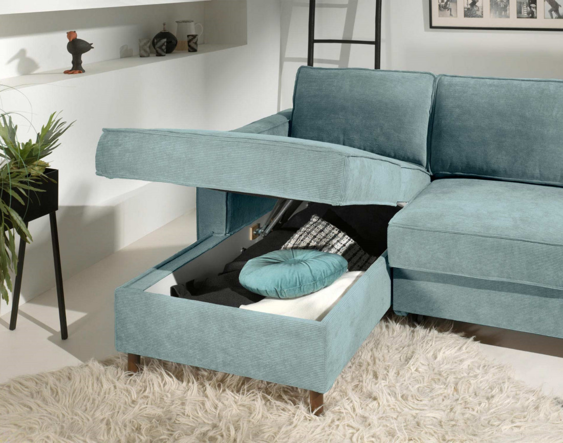 Canapé d'angle gauche convertible avec coffre 4 places en velours côtelé Jake