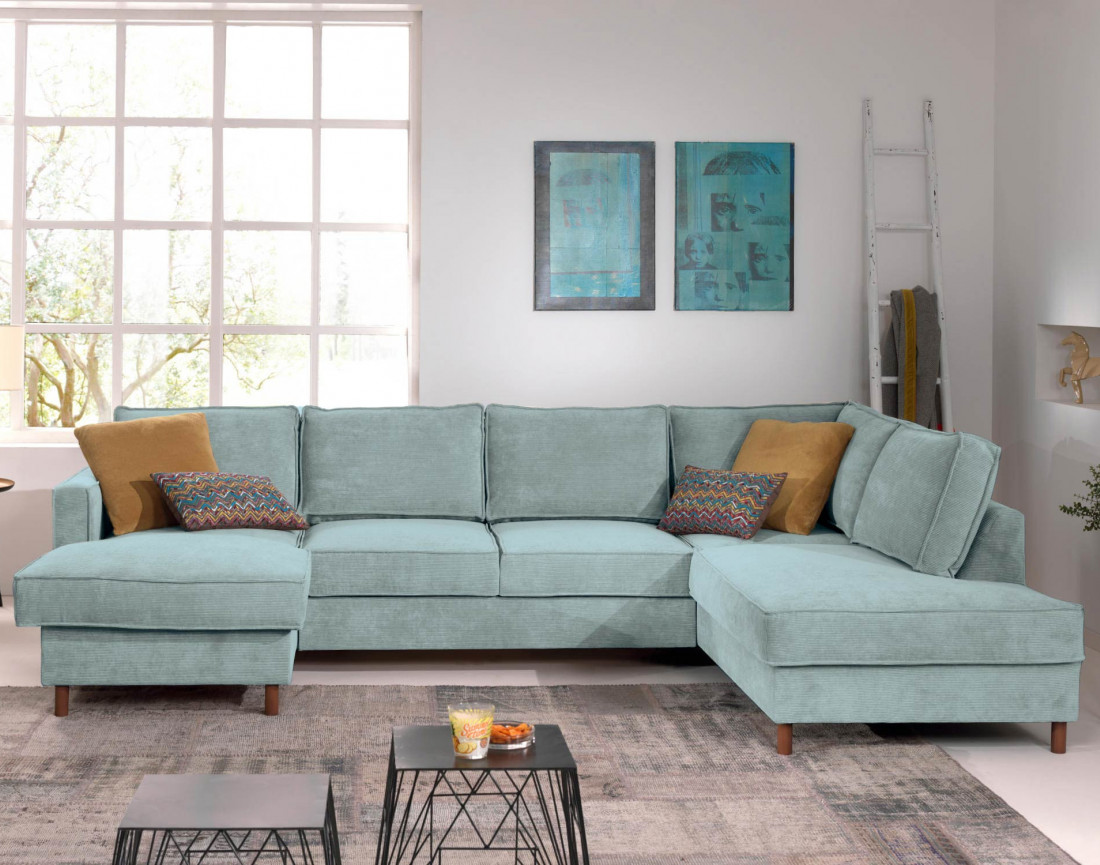 Canapé panoramique d'angle droit convertible avec coffre 7 places en velours côtelé Jake