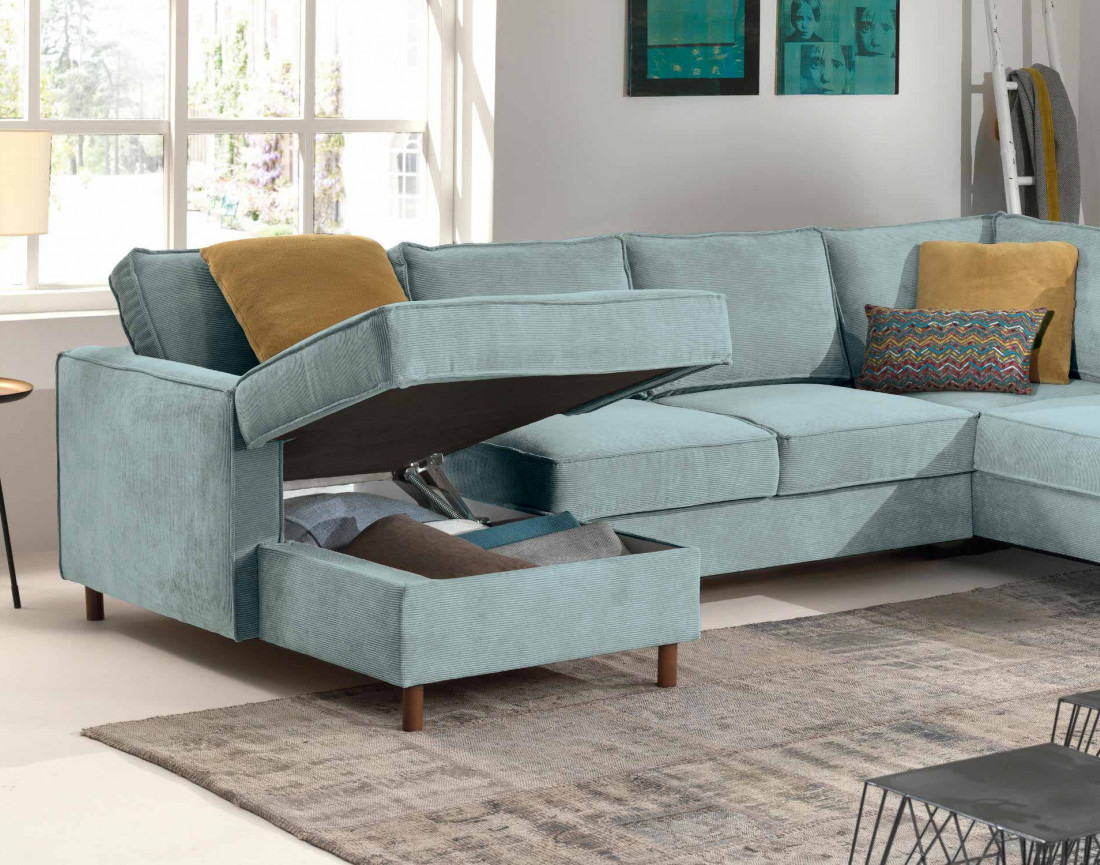 Canapé panoramique d'angle droit convertible avec coffre 7 places en velours côtelé Jake