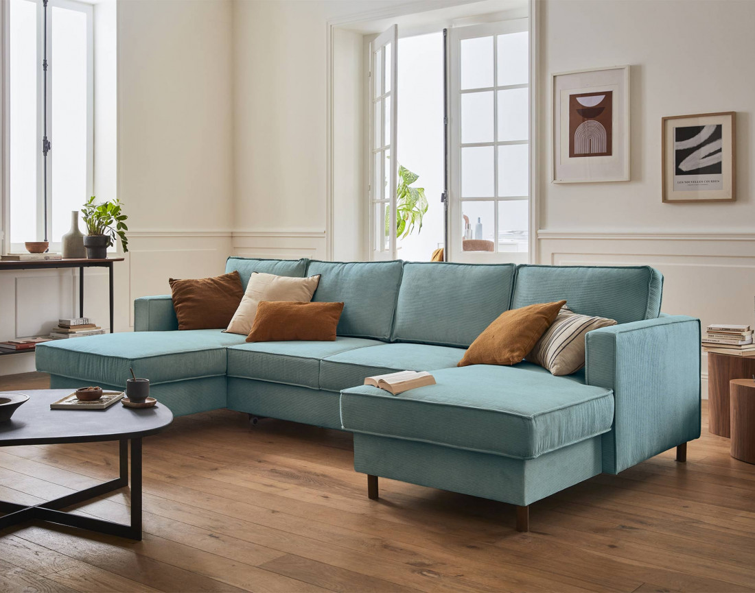 Canapé panoramique en U 7 places convertible avec coffre en velours côtelé Jake