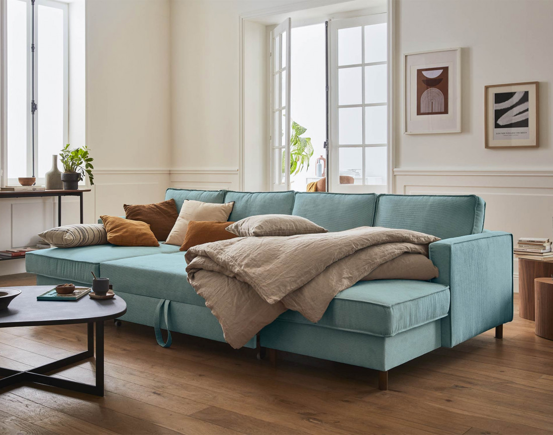 Canapé panoramique en U 7 places convertible avec coffre en velours côtelé Jake