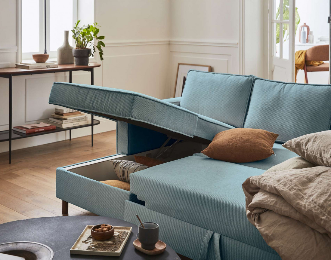 Canapé panoramique en U 7 places convertible avec coffre en velours côtelé Jake