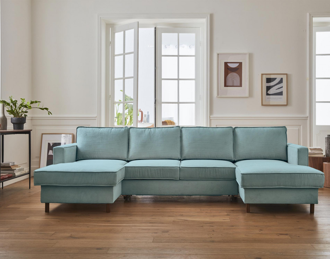 Canapé panoramique en U 7 places convertible avec coffre en velours côtelé Jake