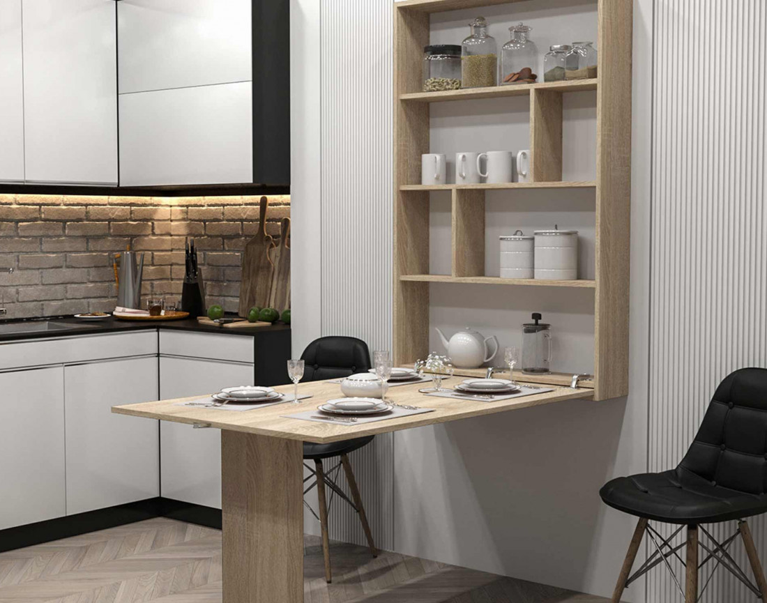 Table murale rabattable avec rangements - 4 personnes - Mondrian