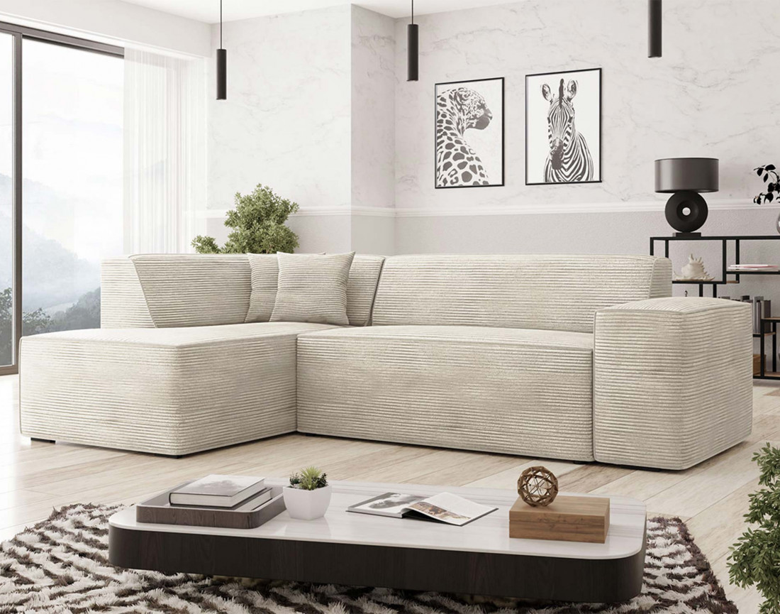 Canapé d'angle gauche 5 places - convertible avec coffre - en velours côtelé - Duchamp