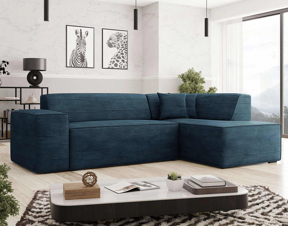 Canapé d'angle droit 5 places - convertible avec coffre - en velours côtelé - Duchamps