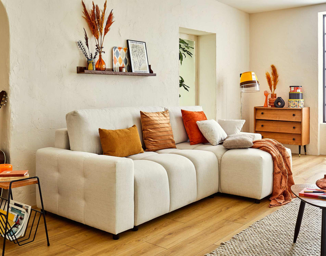 Canapé d'angle réversible convertible avec coffre 4 places en tissu Crocus