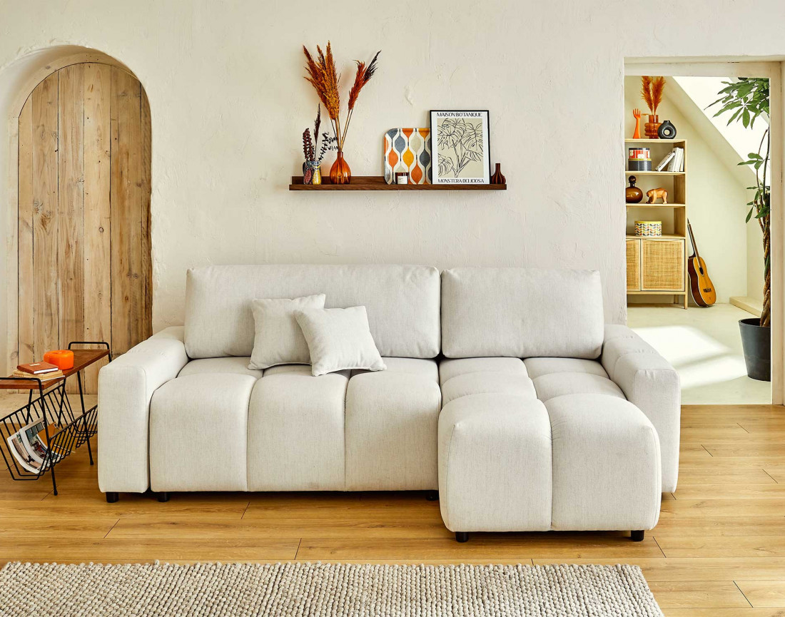 Canapé d'angle réversible convertible avec coffre 4 places en tissu Crocus