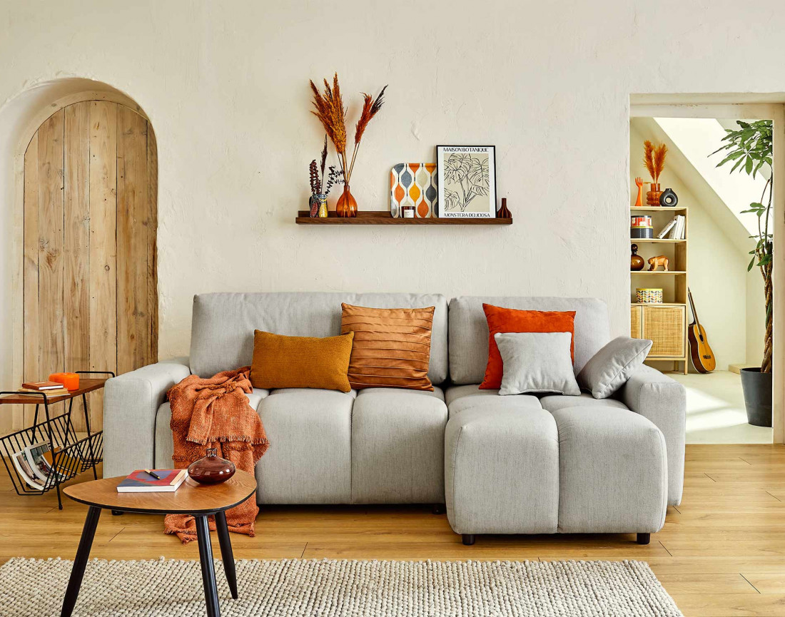 Canapé d'angle réversible convertible avec coffre 4 places en tissu Crocus