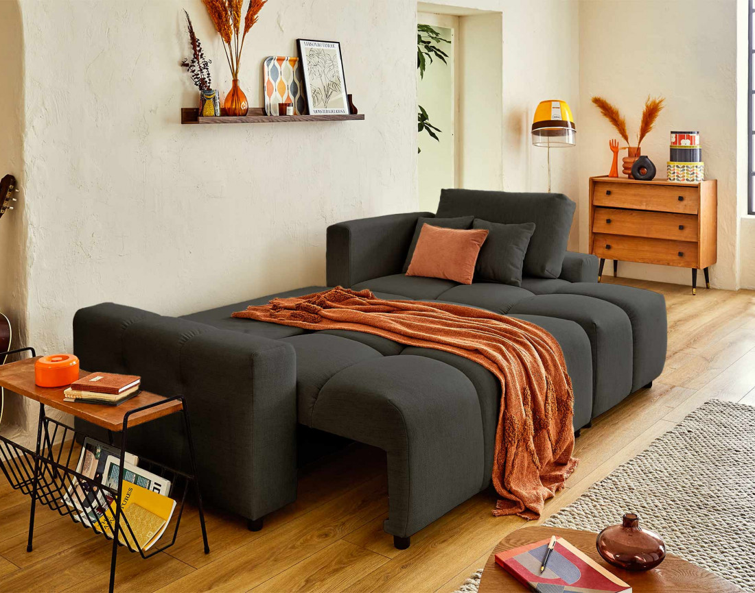 Canapé d'angle réversible convertible avec coffre 4 places en tissu Crocus