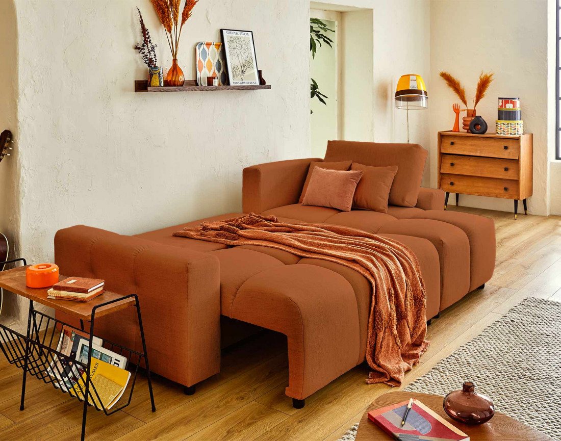 Canapé d'angle réversible convertible avec coffre 4 places en tissu Crocus