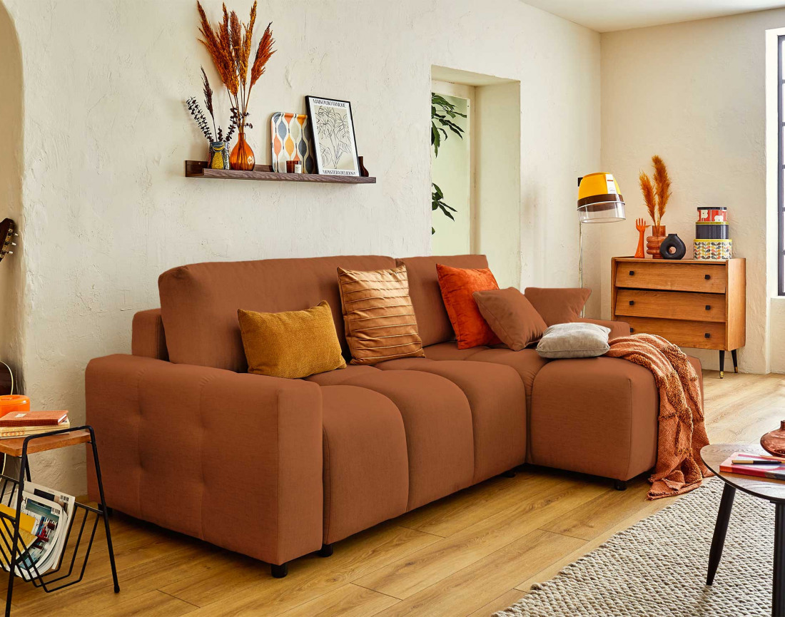 Canapé d'angle réversible convertible avec coffre 4 places en tissu Crocus