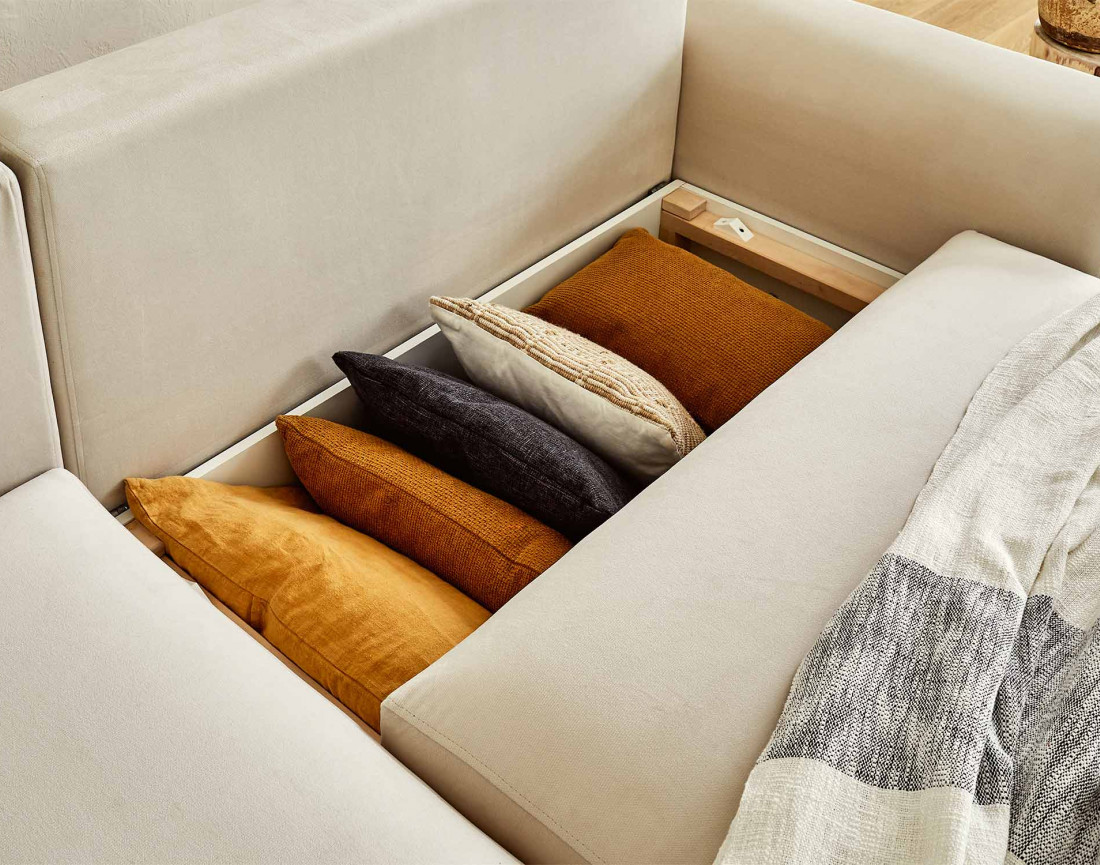 Canapé d'angle réversible convertible avec coffre et poches 4 places en velours Camélia