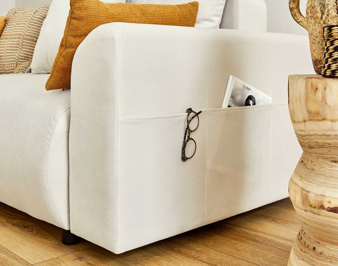 Canapé d'angle réversible convertible avec coffre et poches 4 places en velours Camélia