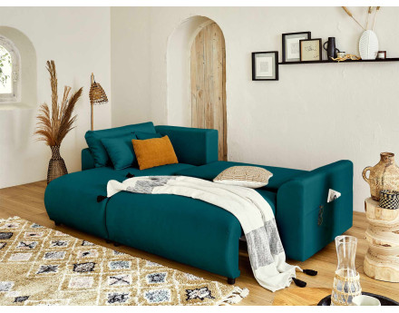 Canapé d'angle réversible convertible avec coffre et poches 4 places en velours Camélia