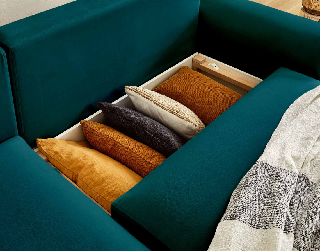 Canapé d'angle réversible convertible avec coffre et poches 4 places en velours Camélia