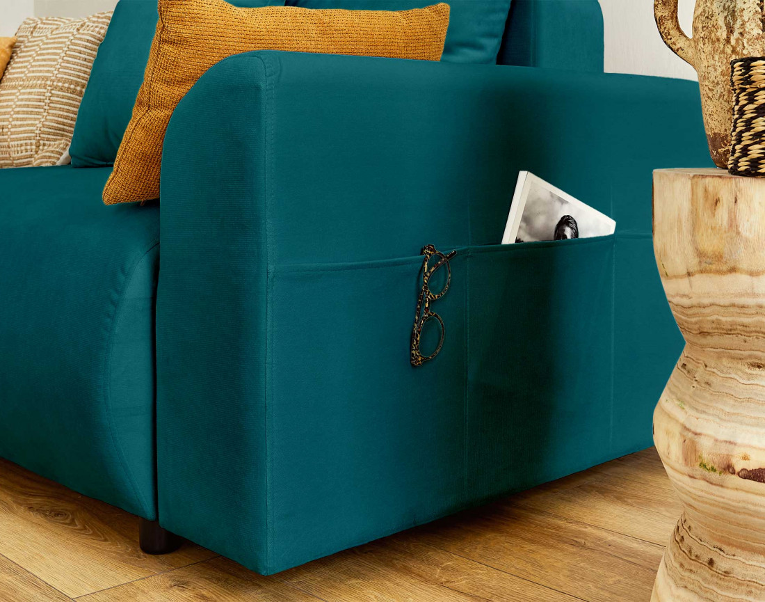 Canapé d'angle réversible convertible avec coffre et poches 4 places en velours Camélia