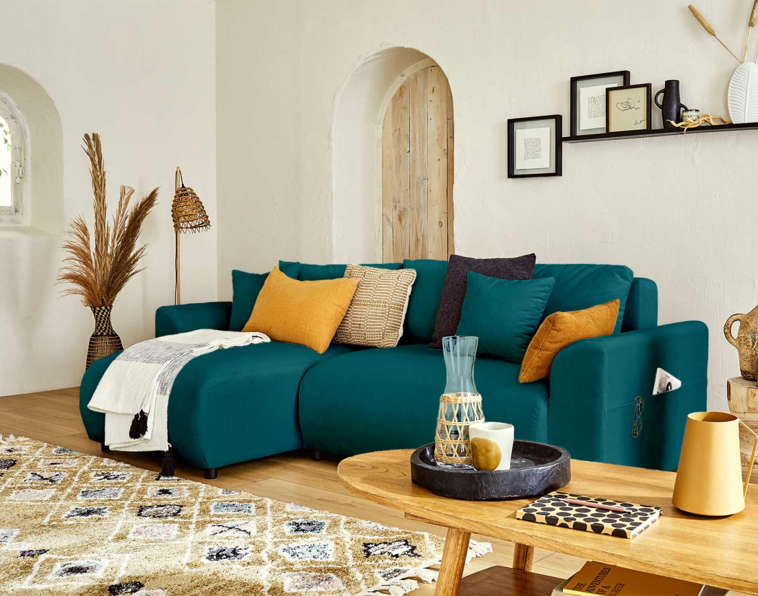 Canapé d'angle réversible convertible avec coffre et poches 4 places en velours Camélia