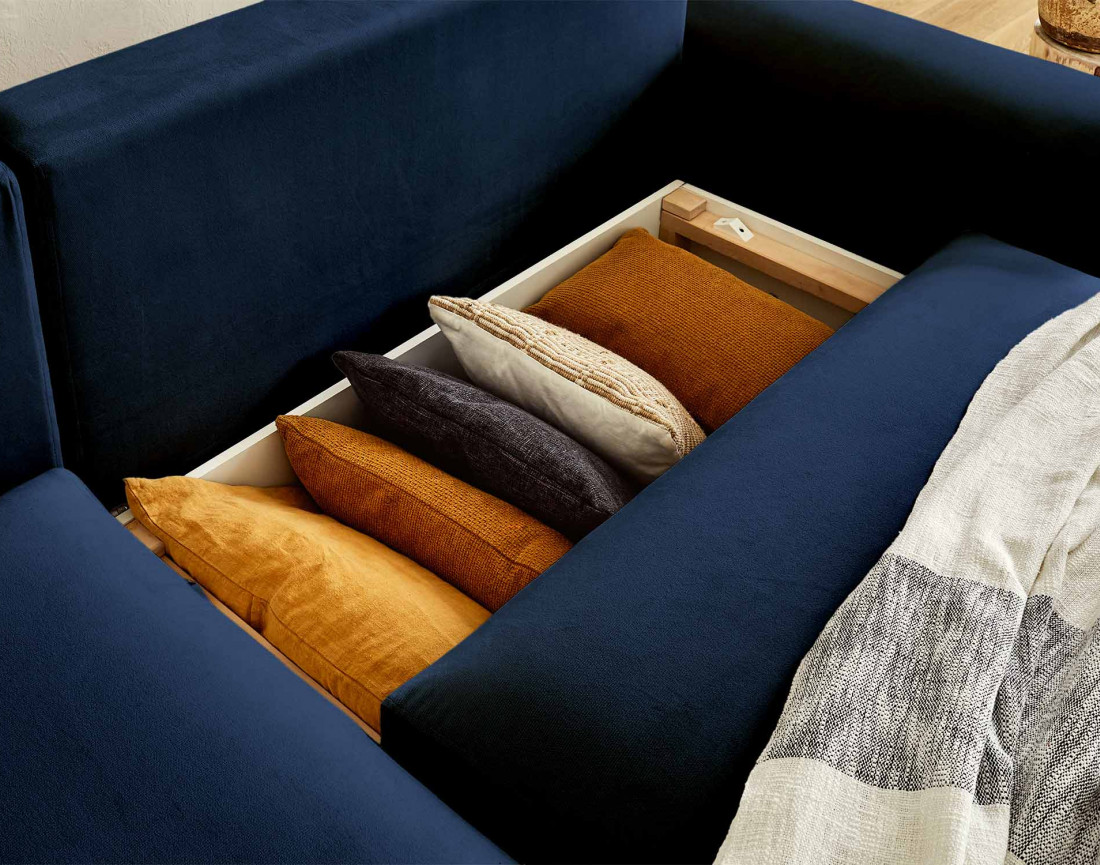 Canapé d'angle réversible convertible avec coffre et poches 4 places en velours Camélia