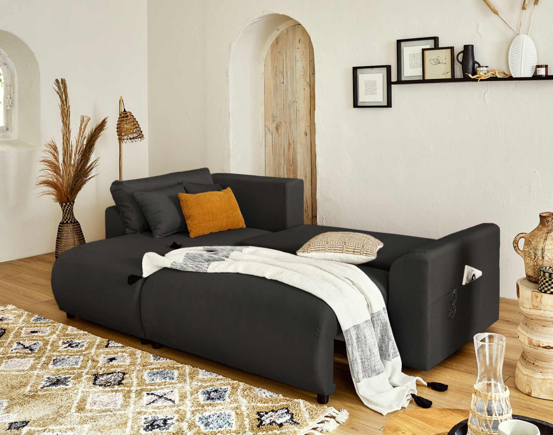 Canapé d'angle réversible convertible avec coffre et poches 4 places en velours Camélia