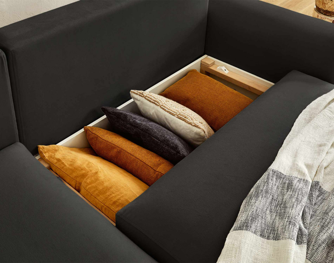 Canapé d'angle réversible convertible avec coffre et poches 4 places en velours Camélia