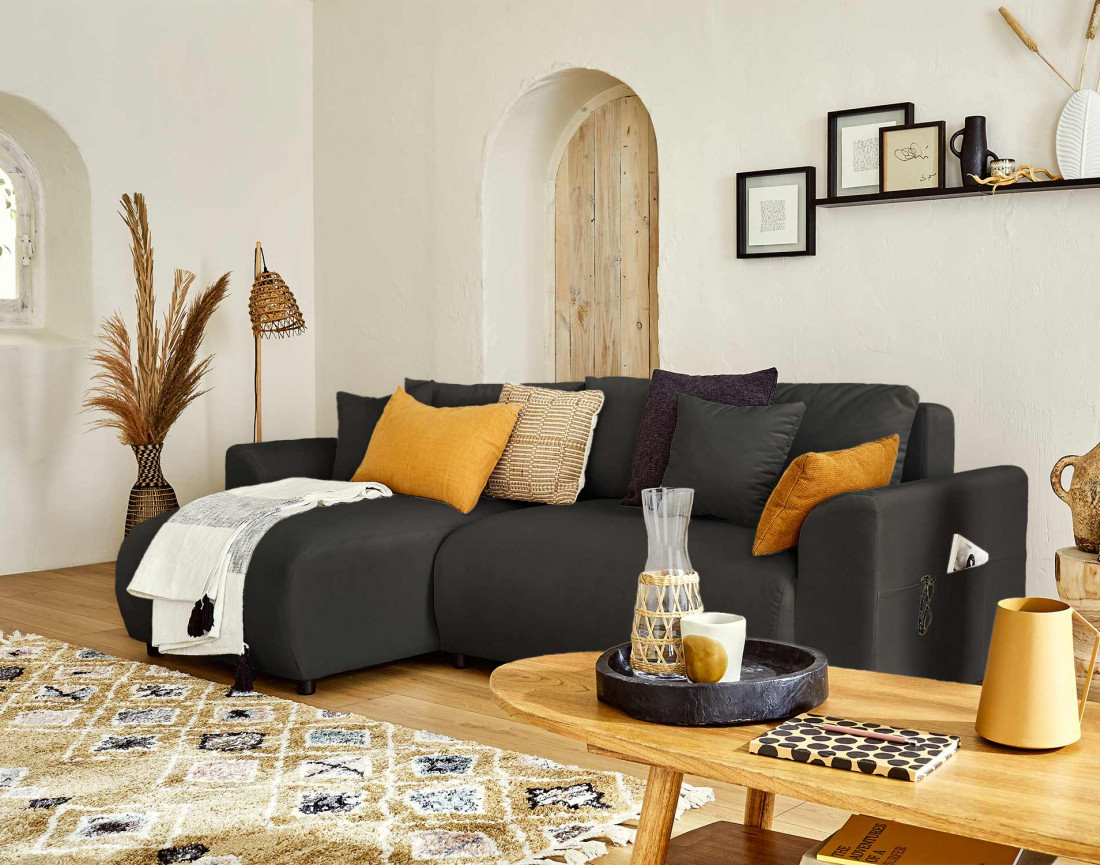 Canapé d'angle réversible convertible avec coffre et poches 4 places en velours Camélia