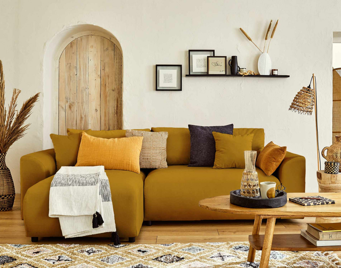 Canapé d'angle réversible convertible avec coffre et poches 4 places en velours Camélia