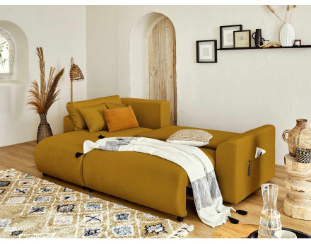 Canapé d'angle réversible convertible avec coffre et poches 4 places en velours Camélia