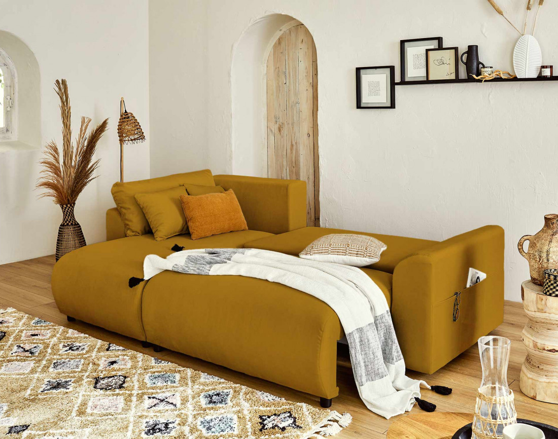 Canapé d'angle réversible convertible avec coffre et poches 4 places en velours Camélia