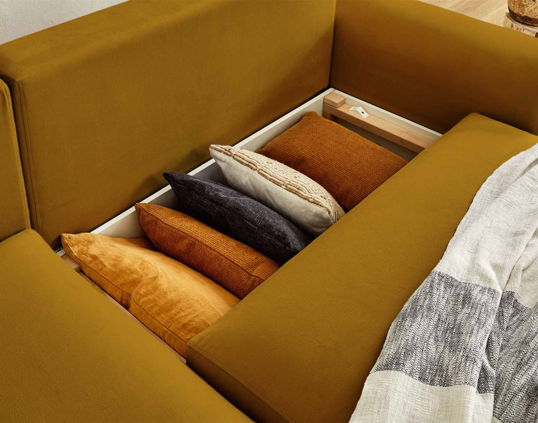 Canapé d'angle réversible convertible avec coffre et poches 4 places en velours Camélia