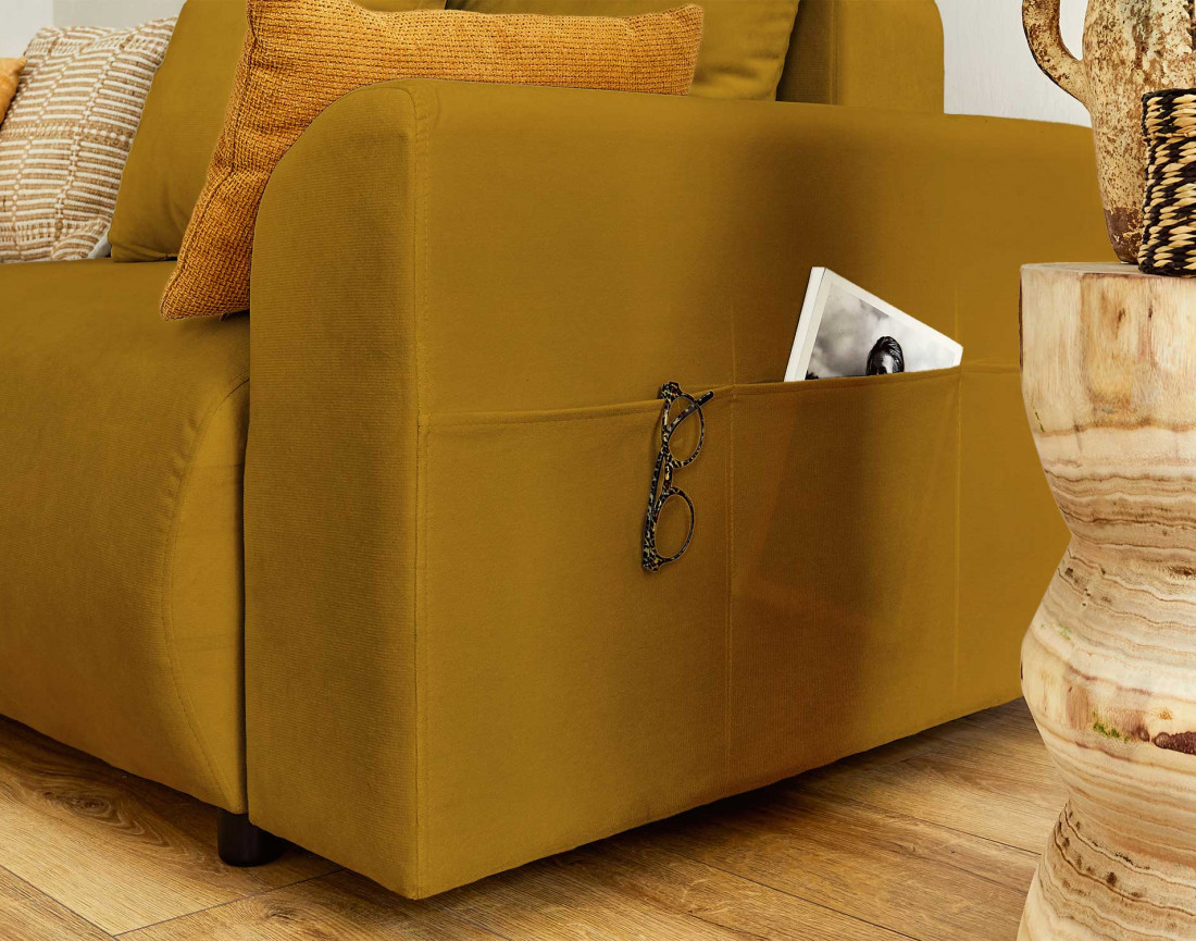 Canapé d'angle réversible convertible avec coffre et poches 4 places en velours Camélia